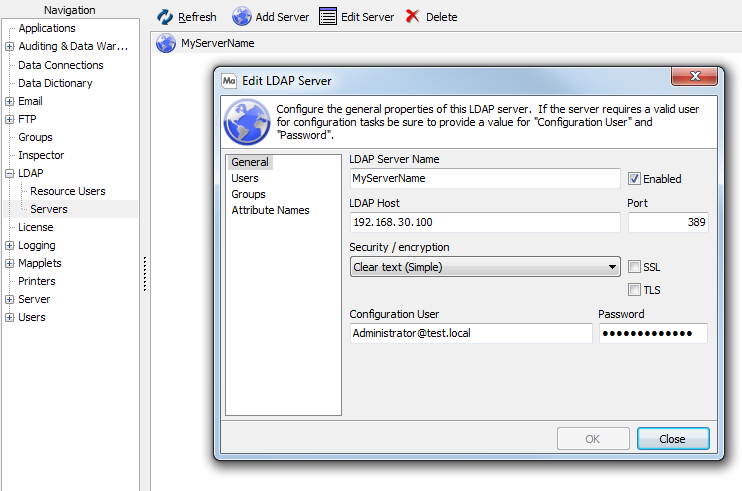 This image shows the LDAP Server option in the MAPS Navigation pane.